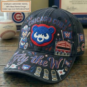 custom chicago cubs black denim wash cap | hand painted acrylic art & embroidered patch