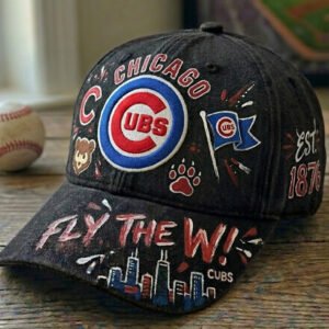 custom hand painted chicago cubs black washed denim cap with embroidery patch
