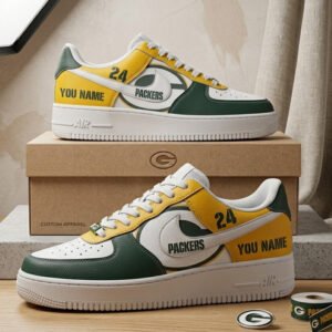 personalized name & numbler green bay custom white af1 sneakers