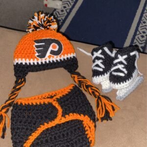 philadelphia flyers crochet baby set: hockey hat, diaper cover, booties