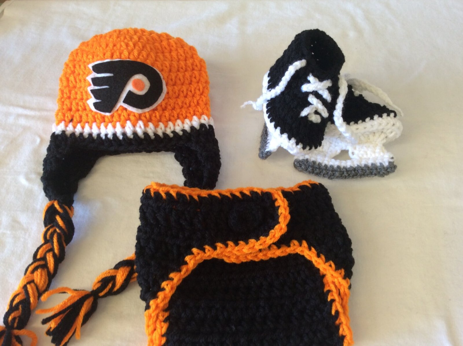philadelphia flyers crochet baby set: hockey hat, diaper cover, booties philadelphia flyers crochet baby set: hockey hat, diaper cover, booties