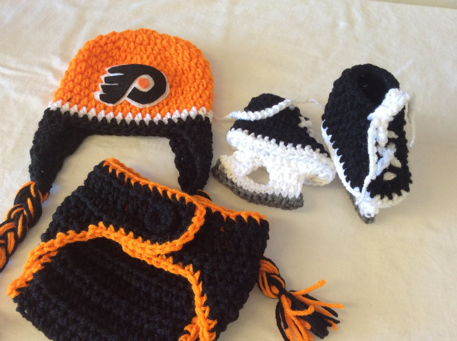 philadelphia flyers crochet baby set: hockey hat, diaper cover, booties philadelphia flyers crochet baby set: hockey hat, diaper cover, booties