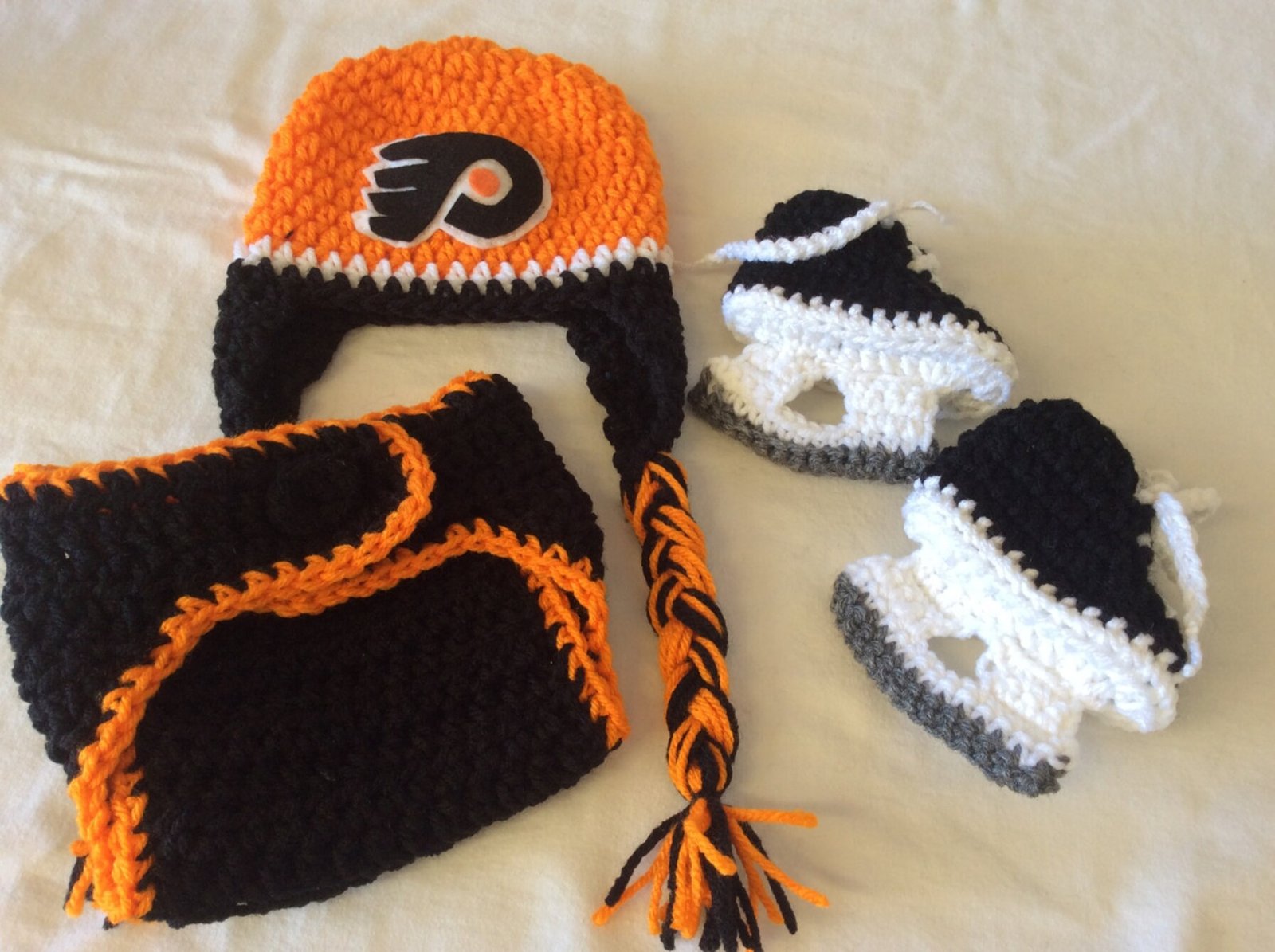 philadelphia flyers crochet baby set: hockey hat, diaper cover, booties philadelphia flyers crochet baby set: hockey hat, diaper cover, booties