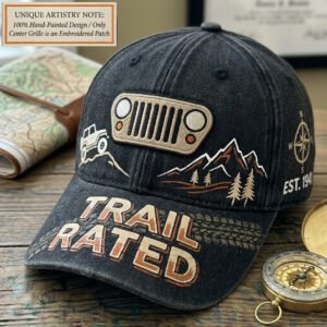 custom hand painted jeep cap with embroidered patch trail rated