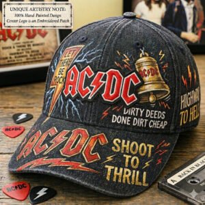ac/dc hand painted black denim wash cap – embroidered logo patch rock band hat – vintage heavy metal fan gift