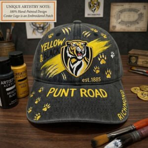 custom hand painted collingwood magpies afl cap – black denim hat with embroidered patch, melbourne football fan gift (copy)