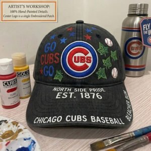 custom hand painted chicago cubs baseball cap embroidered logo & wrigley ivy