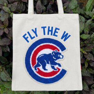 chicago cubs punch needle tote bag – handmade fly the w fan gift canvas shoulder bag
