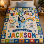 Personalized Autism Awareness Quilt – My Brain Works Beautifully Custom Name Blanket for Kids