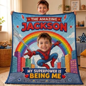 Personalized Superhero Quilt Blanket – Custom Name & Face, My Superpower Is Being Me Gift for Kids