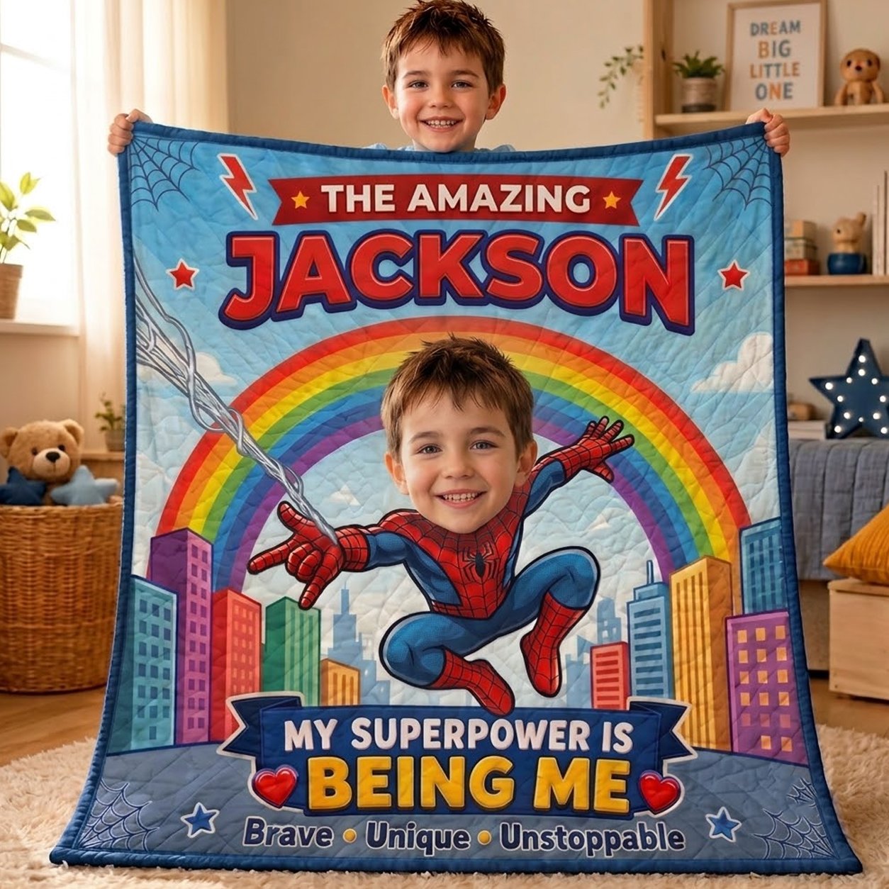 Personalized Superhero Quilt Blanket – Custom Name & Face, My Superpower Is Being Me Gift for Kids