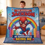 Personalized Superhero Quilt Blanket – Custom Name & Face, My Superpower Is Being Me Gift for Kids