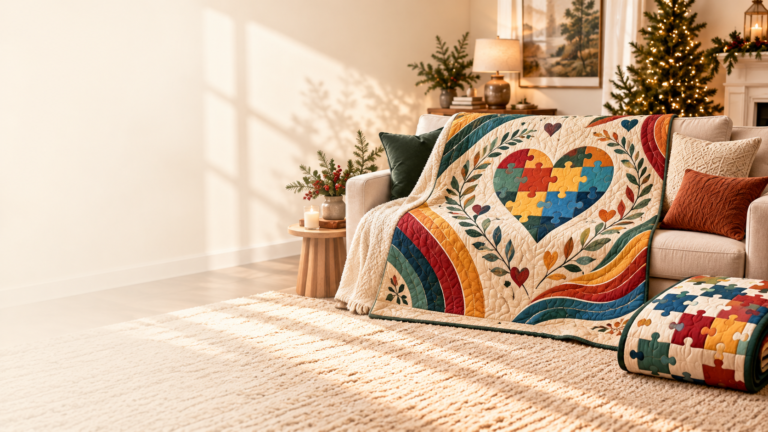 Cozy bedroom with a colorful autism awareness quilt displayed as a meaningful gift