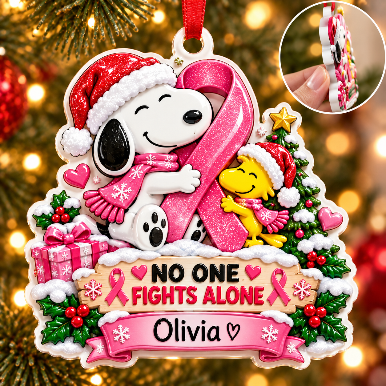 Personalized Breast Cancer Awareness 3D Christmas Ornament – No One Fights Alone