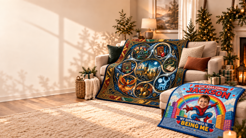 Warm holiday living room with personalized quilts displayed as meaningful gifts