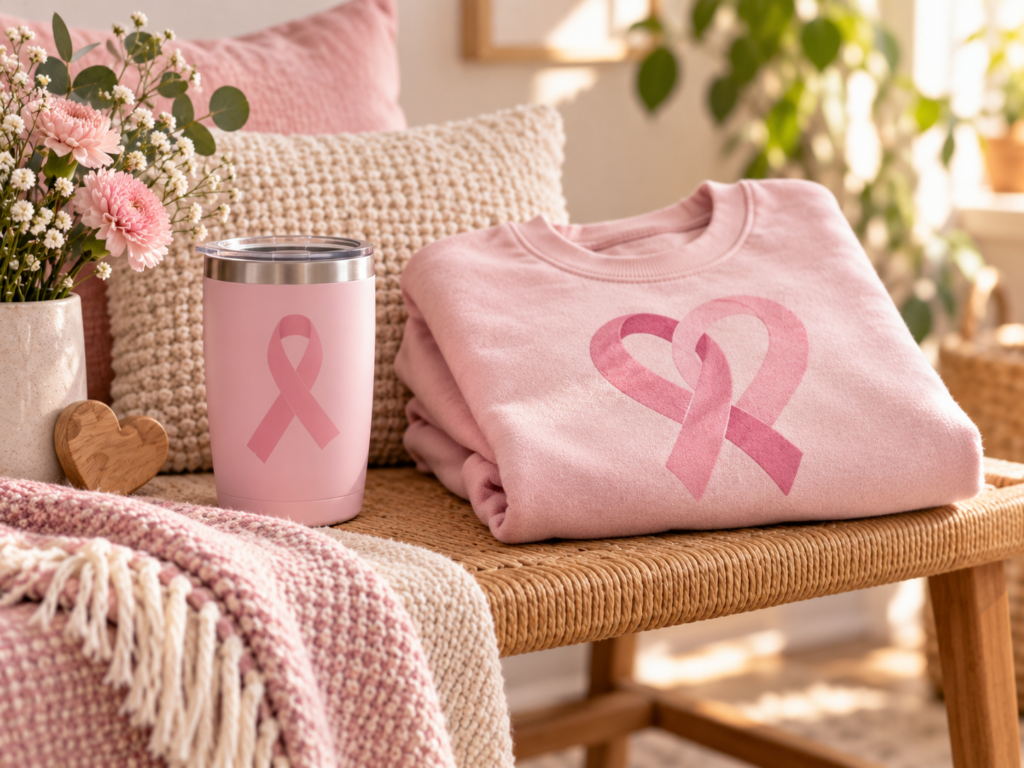 Breast cancer awareness gifts in a soft supportive pink setting