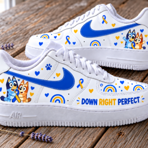 Bluey Down Syndrome Awareness Sneakers – Down Right Perfect Blue & Yellow Ribbon Shoes - Women's US 8 (EU 39)
