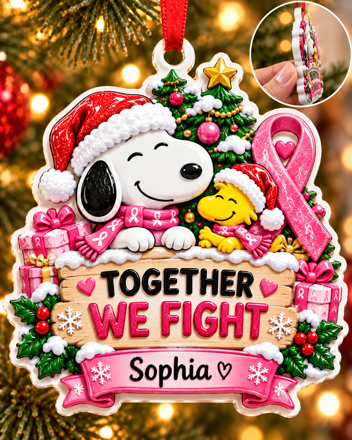 Personalized Breast Cancer Awareness 3D Christmas Ornament – Together We Fight