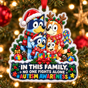 Personalized Autism & Bluey Family Ornament – No One Fights Alone