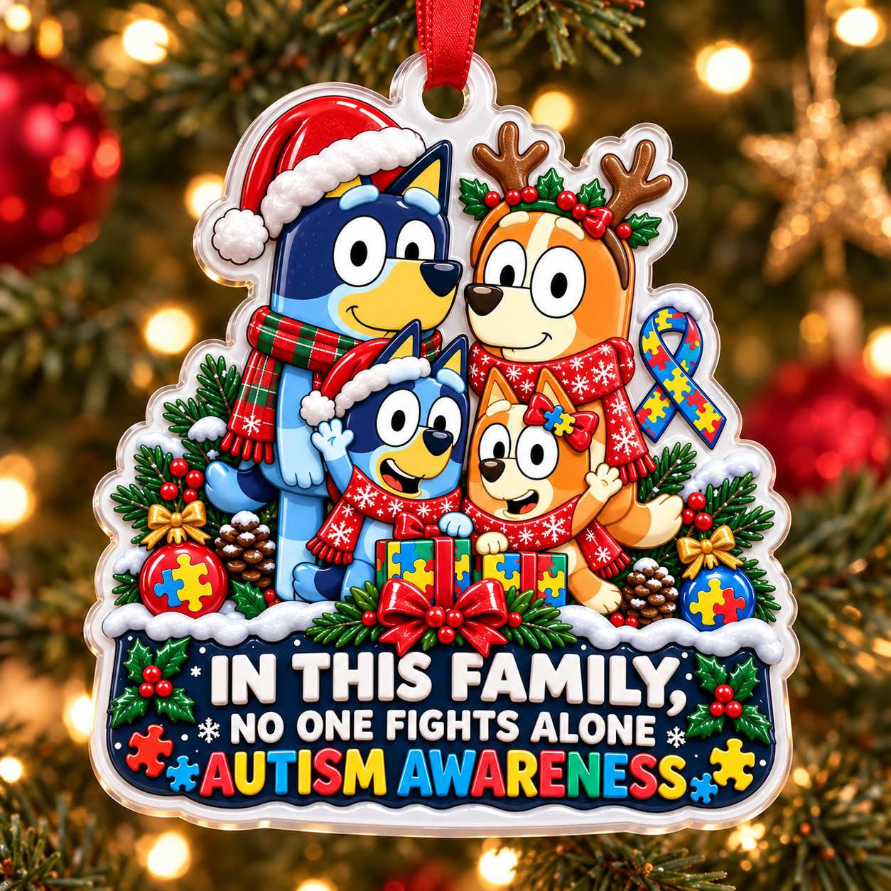 Personalized Autism & Bluey Family Ornament – No One Fights Alone