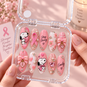 Personalized Breast Cancer Awareness 3D Press-On Nail Set – Custom Name Gift for Her