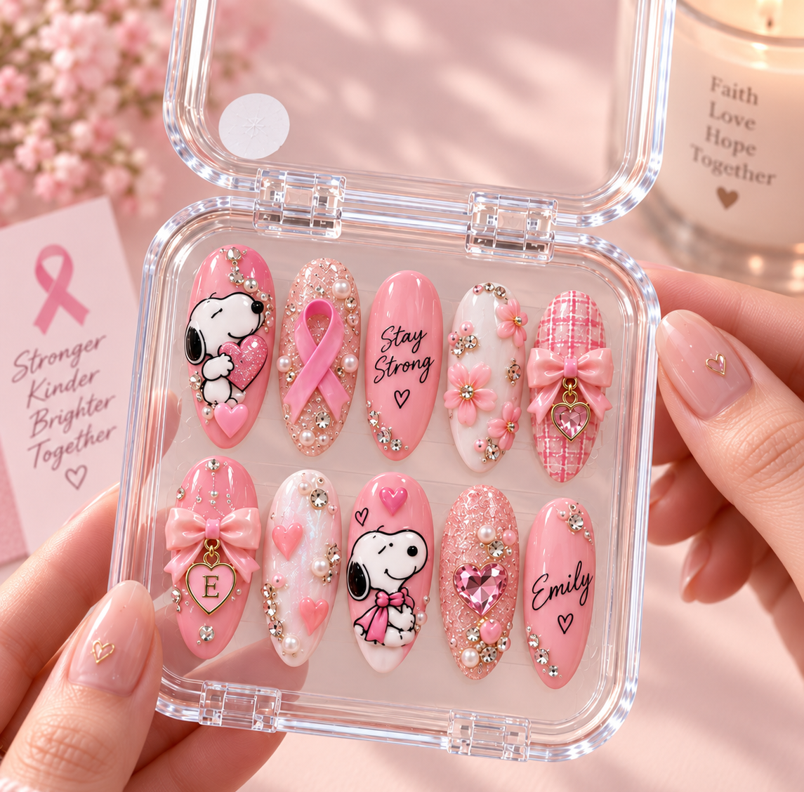 Personalized Breast Cancer Awareness 3D Press-On Nail Set – Custom Name Gift for Her