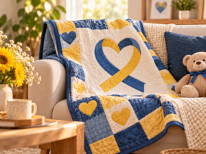 Blue and yellow Down Syndrome awareness quilt in a warm home setting