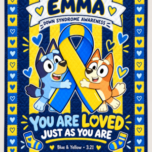 Personalized Down Syndrome & Bluey Quilt – Blue & Yellow Love
