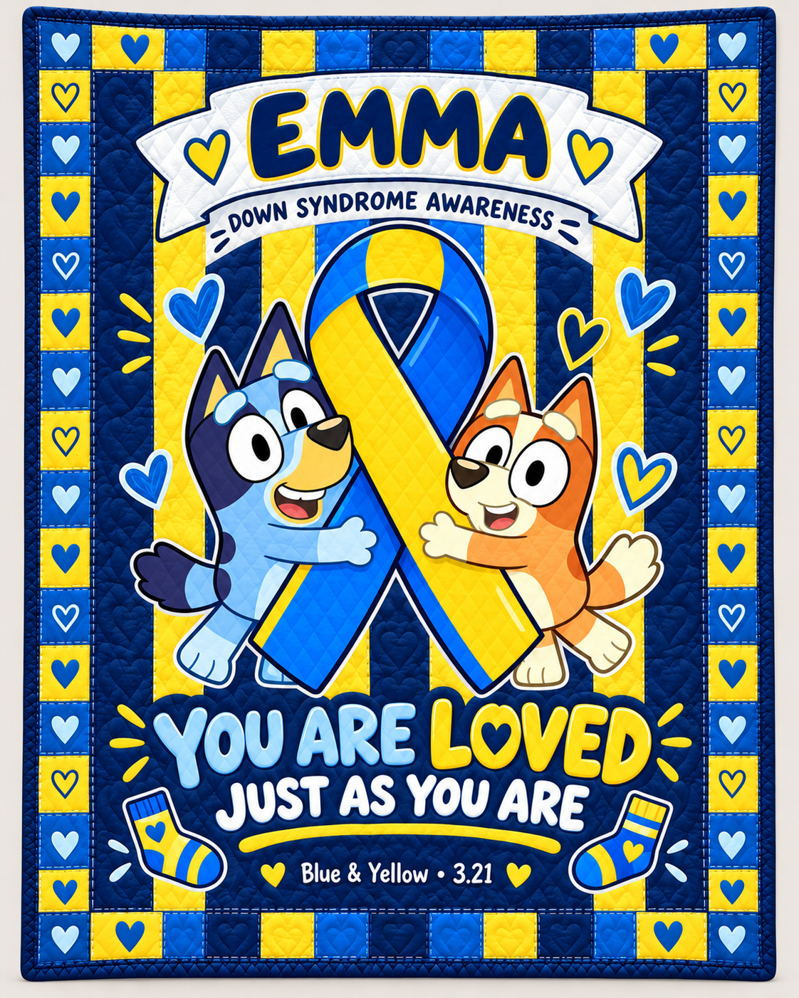 Personalized Down Syndrome & Bluey Quilt – Blue & Yellow Love