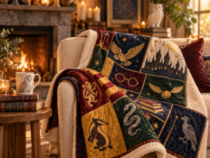 Fantasy-inspired quilt in a warm magical reading room