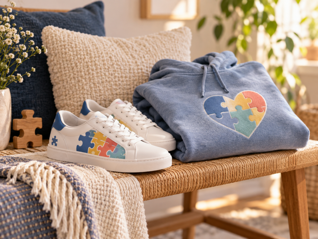 Autism awareness gifts styled in a warm personalized gift setting