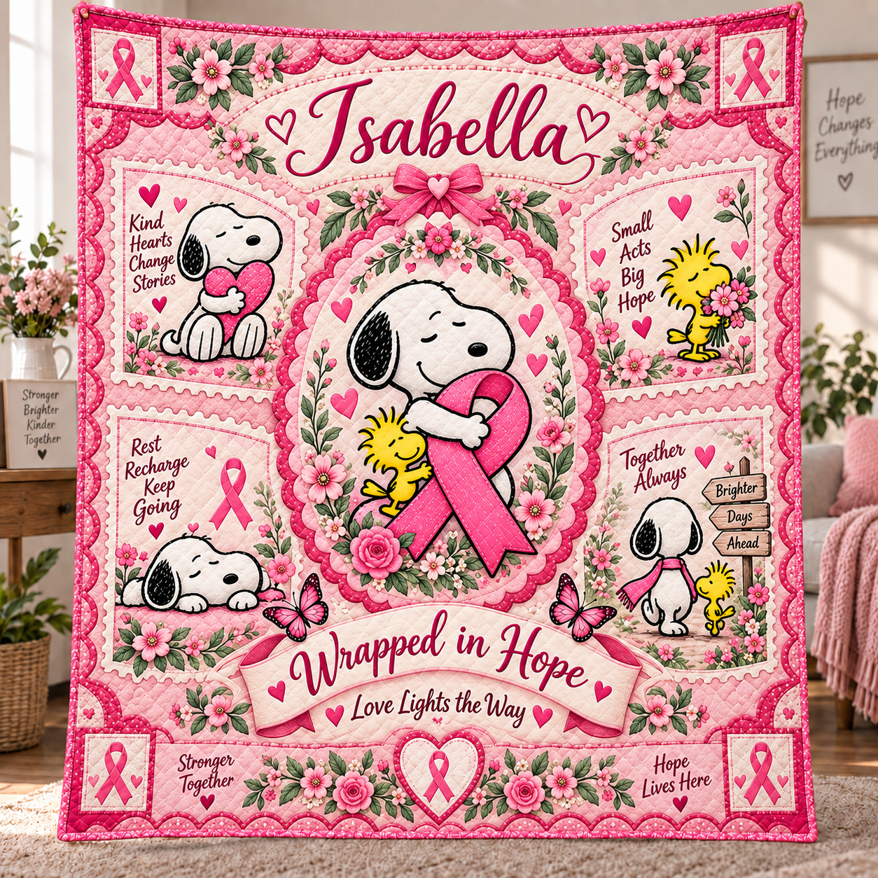 Personalized Breast Cancer Awareness Quilt – Wrapped in Hope, Love Lights the Way