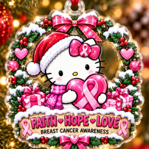 Breast Cancer Awareness Hello Kitty 2-Layer Acrylic Christmas Ornament – Faith Hope Love