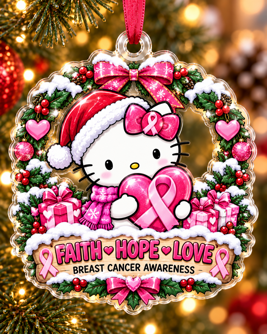 Breast Cancer Awareness Hello Kitty 2-Layer Acrylic Christmas Ornament – Faith Hope Love