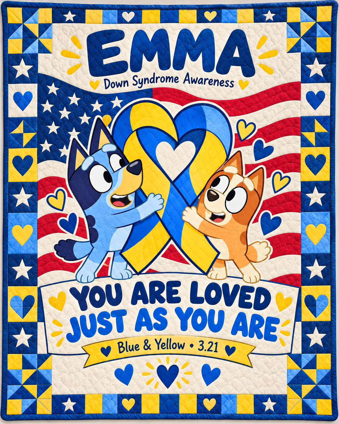 Personalized Down Syndrome & Bluey Quilt – You Are Loved Just As You Are