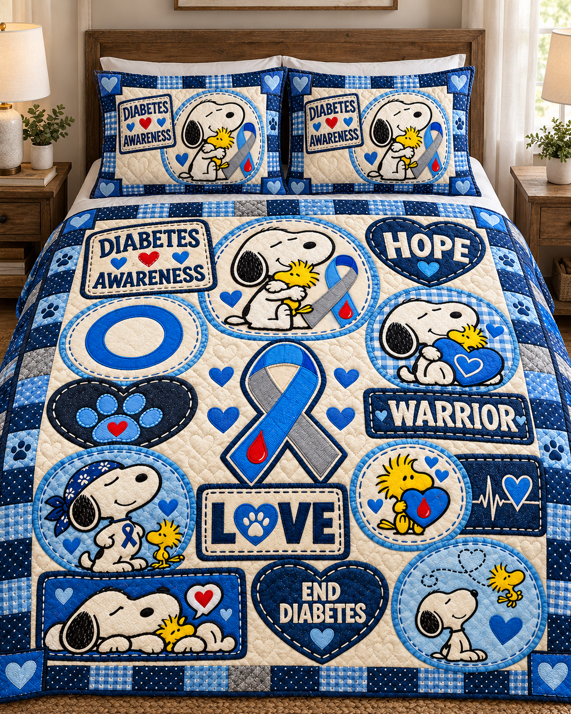 Diabetes Awareness Quilt & Quilt Set – Hope Warrior Blue Ribbon