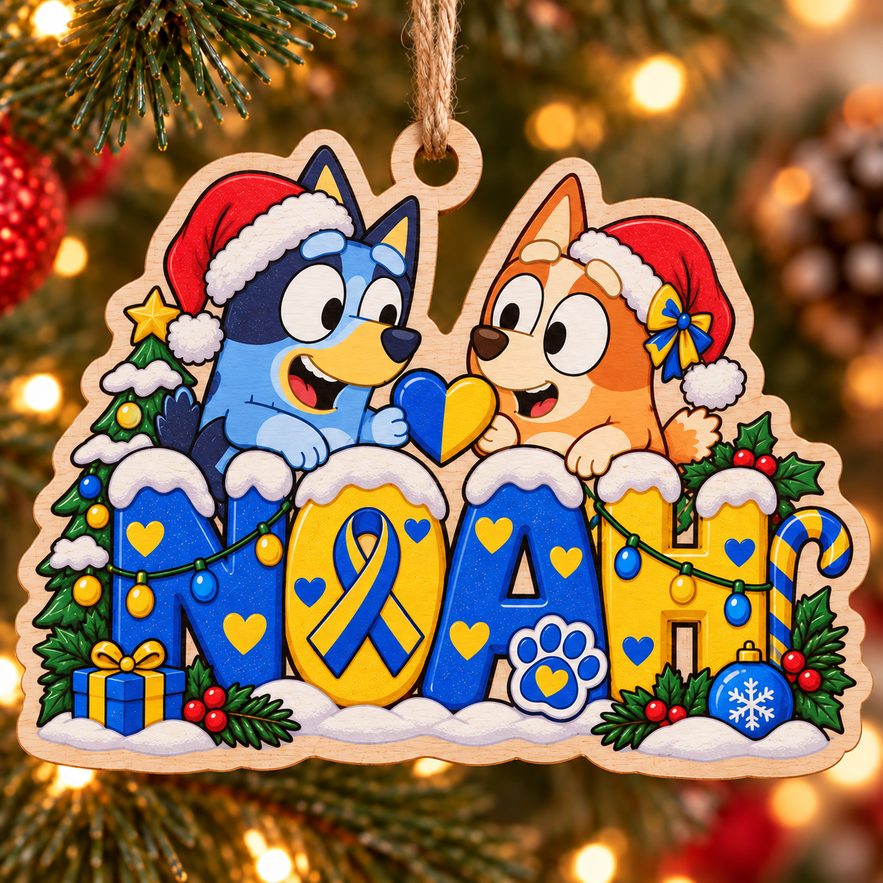 Personalized Down Syndrome and Bluey Christmas 3D acrylic ornament with custom name