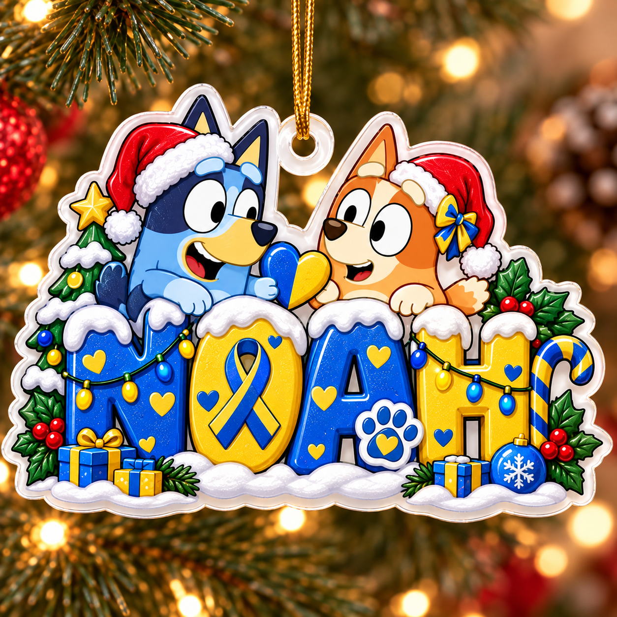 Personalized Down Syndrome and Bluey Christmas wood ornament with custom name