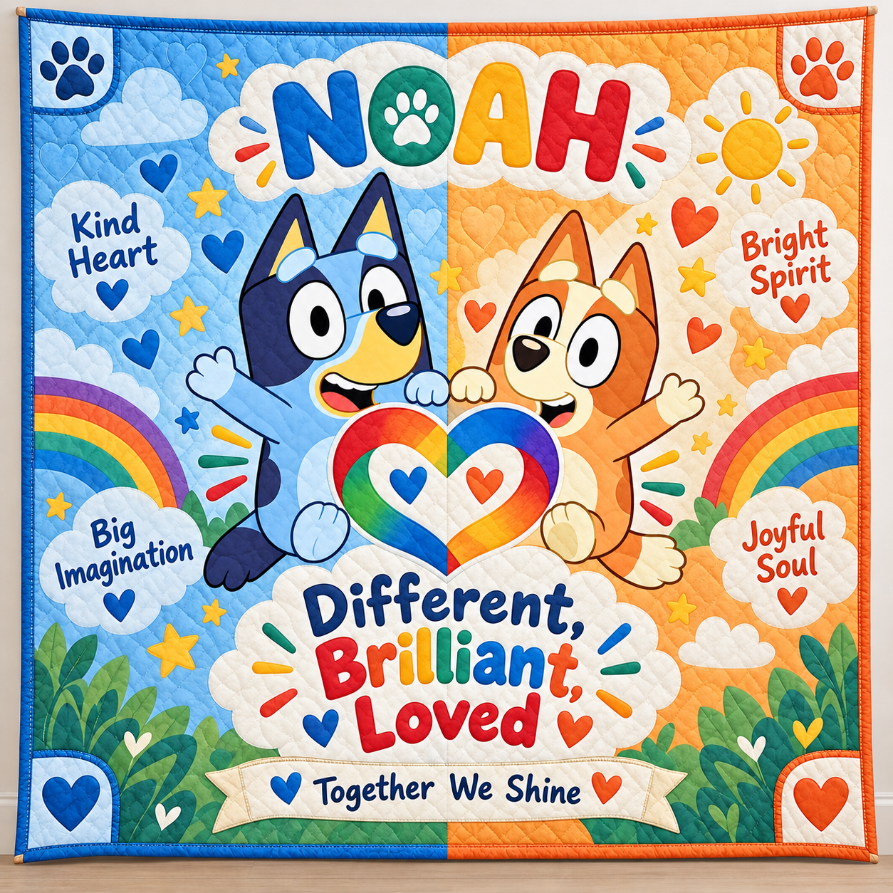Personalized Autism & Bluey Quilt – Different, Brilliant & Loved