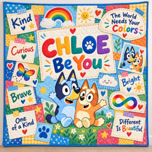 Personalized Autism & Bluey Quilt – Be You, The World Needs Your Colors