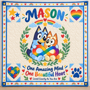 Personalized Autism & Bluey Quilt – One Amazing Mind, One Beautiful Heart