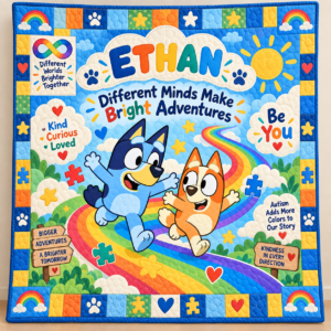 Personalized Autism & Bluey Quilt – Different Minds Make Bright Adventures