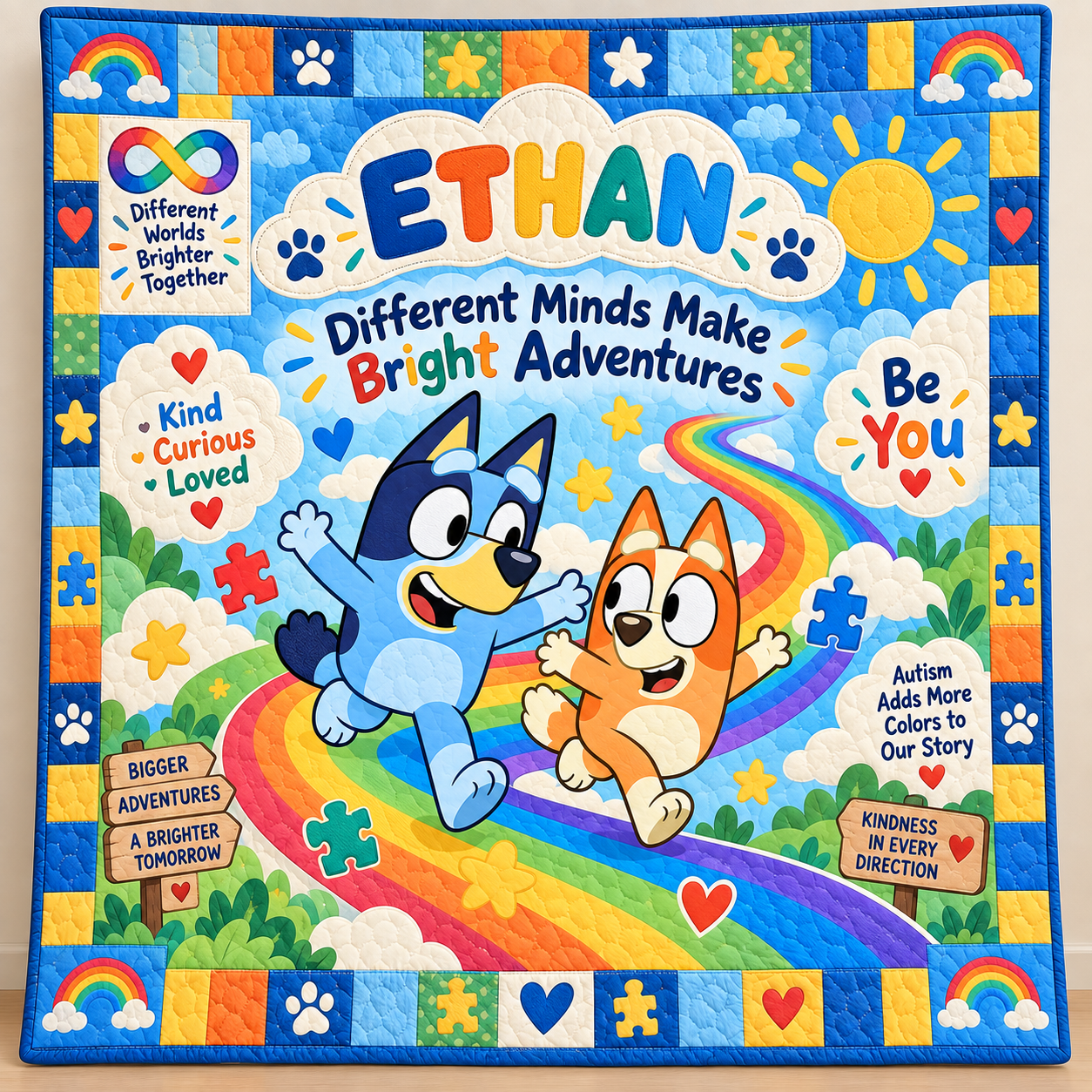 Personalized Autism & Bluey Quilt – Different Minds Make Bright Adventures