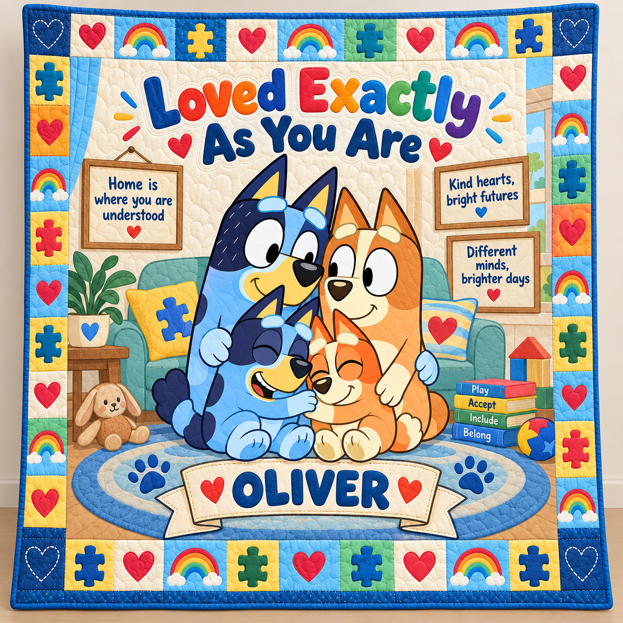 Personalized Autism & Bluey Quilt – Loved Exactly As You Are