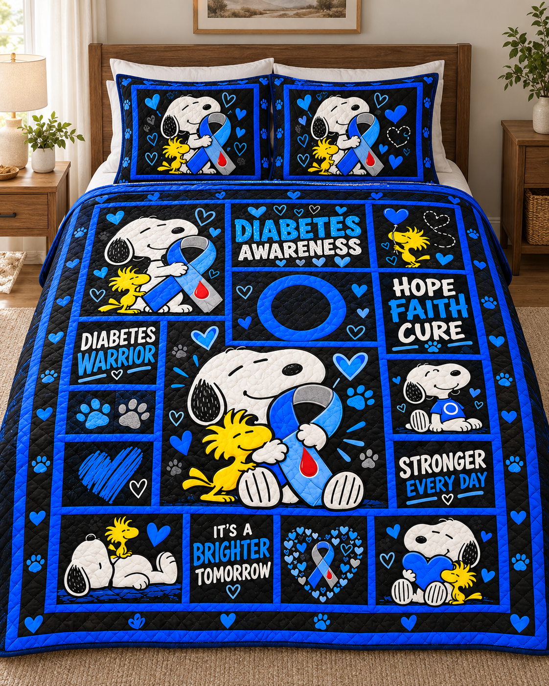 Diabetes Awareness Quilt & Quilt Set – Diabetes Warrior Blue Ribbon