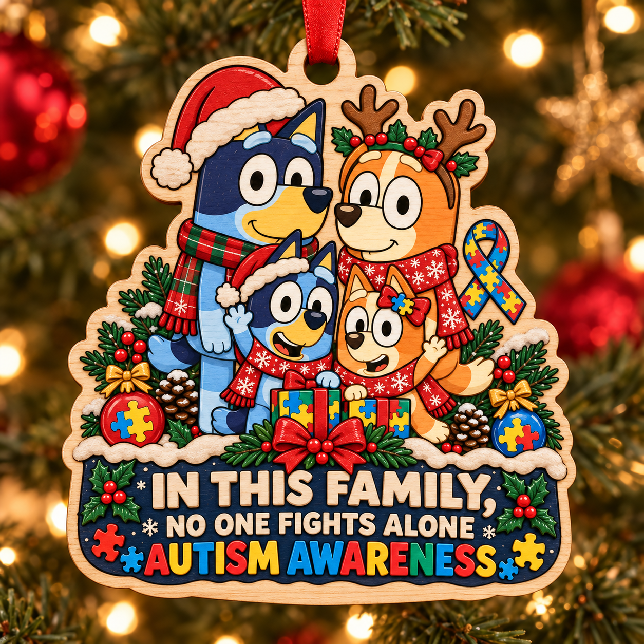 Personalized Autism & Bluey Family Ornament – No One Fights Alone - Image 2