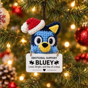 Handmade Crochet Bluey Emotional Support Ornament – Car & Christmas Tree Hanging Gift