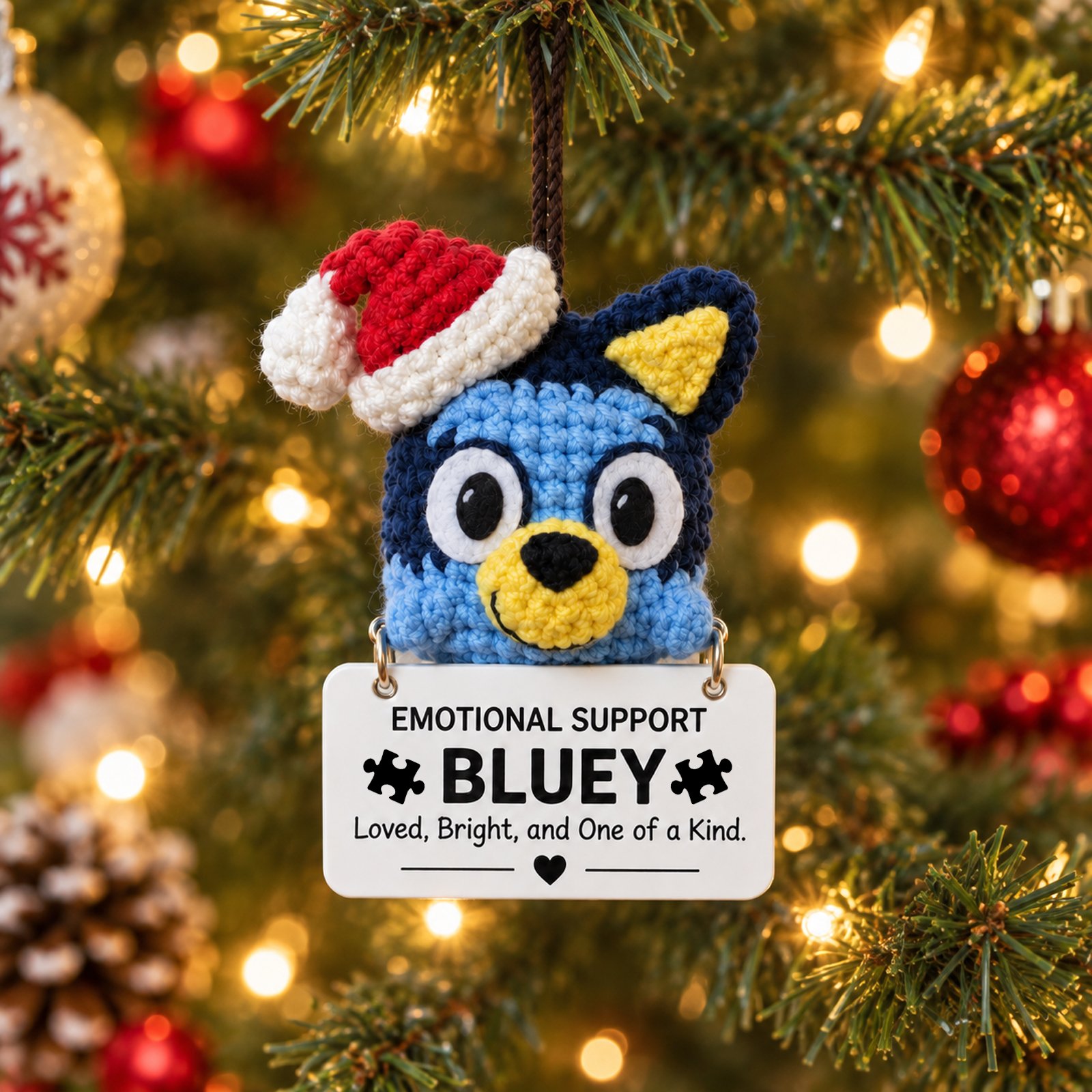 Handmade Crochet Bluey Emotional Support Ornament – Car & Christmas Tree Hanging Gift
