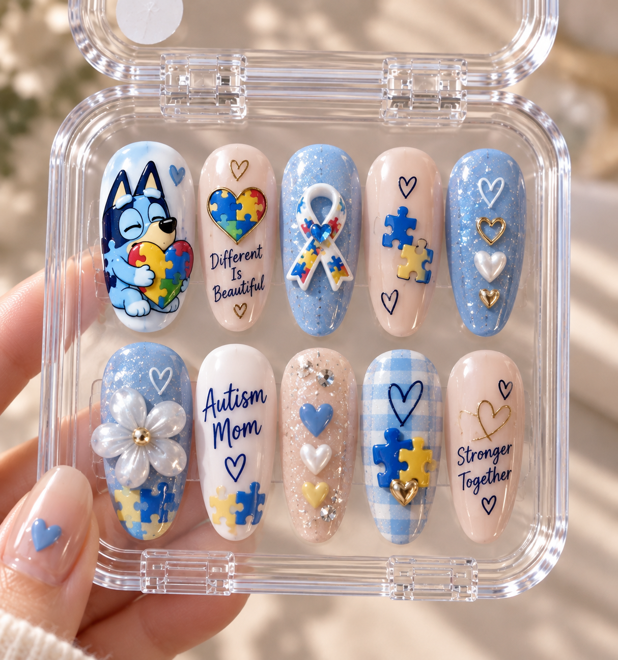 Autism Mom 3D Press-On Nail Set – Bluey-Inspired Awareness Gift for Mom