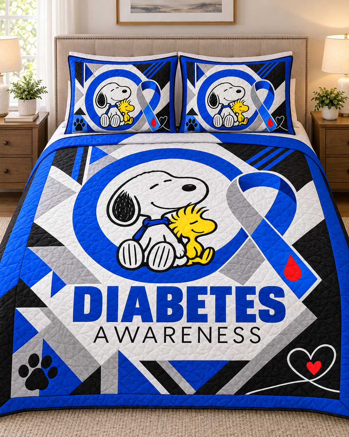 Diabetes Awareness Quilt & Quilt Set – Blue Circle & Warrior Ribbon